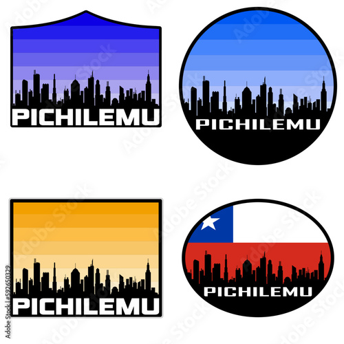 Pichilemu Skyline Silhouette Chile Flag Travel Souvenir Sticker Sunset Background Vector Illustration SVG EPS AI photo
