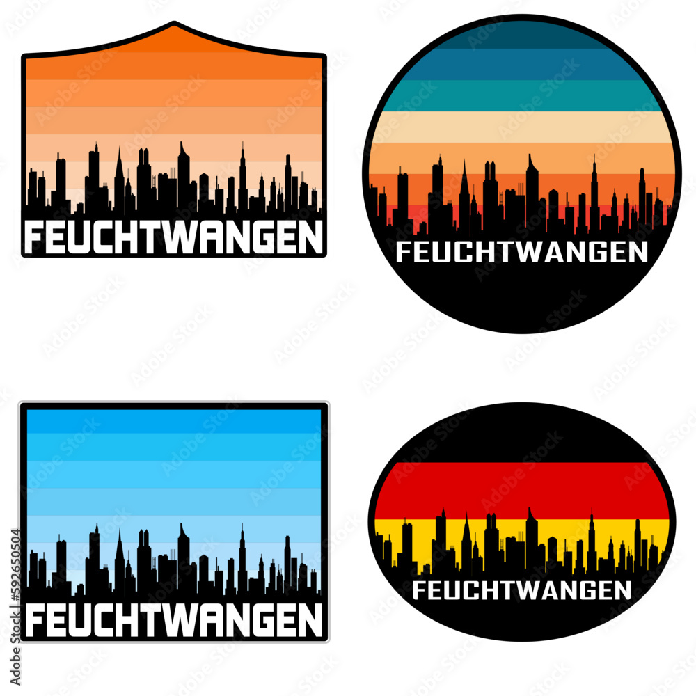 Obraz premium Feuchtwangen Skyline Silhouette Germany Flag Travel Souvenir Sticker Sunset Background Vector Illustration SVG EPS AI