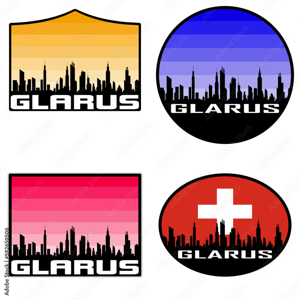 Glarus Skyline Silhouette Switzerland Flag Travel Souvenir Sticker Sunset Background Vector Illustration SVG EPS AI