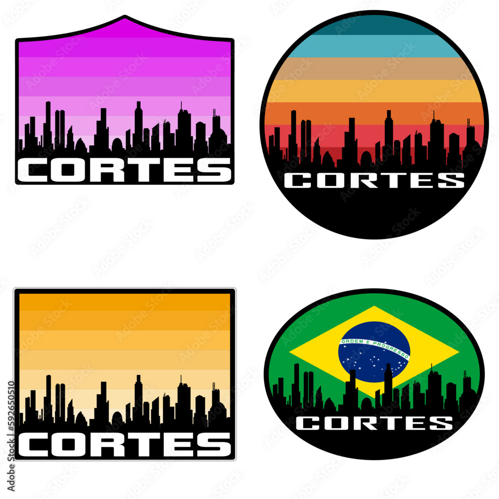 Cortes Skyline Silhouette Brazil Flag Travel Souvenir Sticker Sunset Background Vector Illustration SVG EPS AI