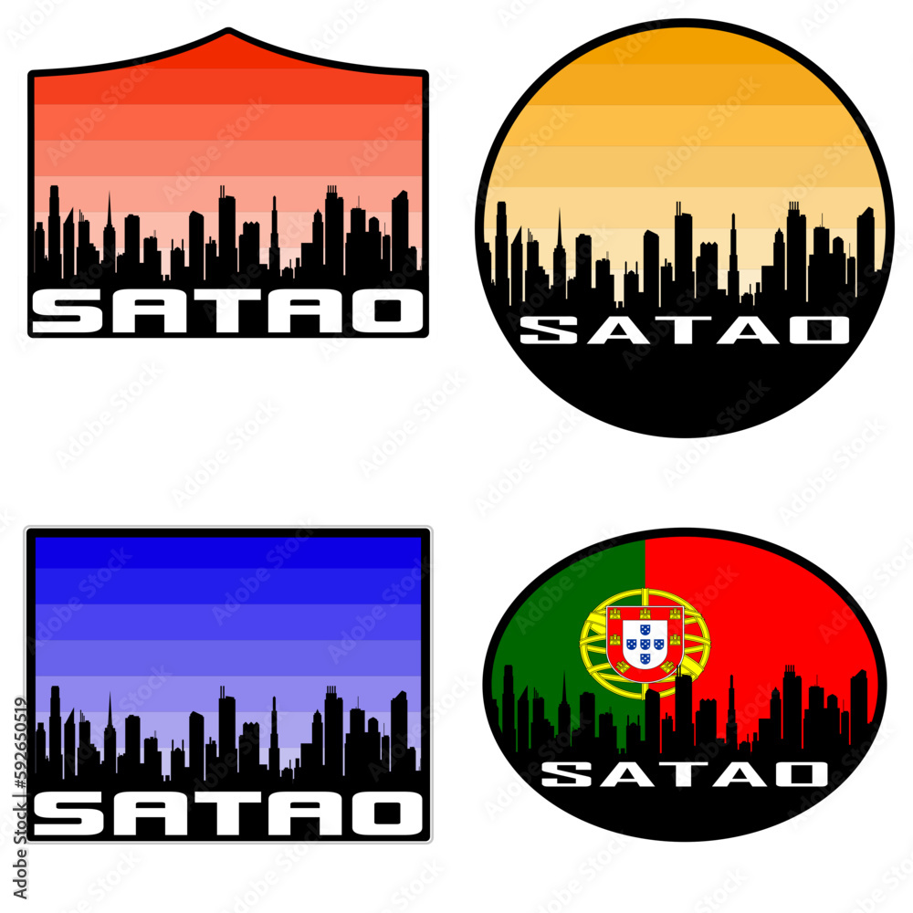 Satao Skyline Silhouette Portugal Flag Travel Souvenir Sticker Sunset Background Vector Illustration SVG EPS AI