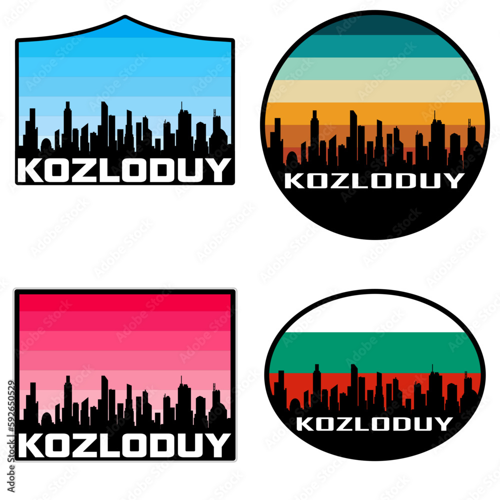 Kozloduy Skyline Silhouette Bulgaria Flag Travel Souvenir Sticker Sunset Background Vector Illustration SVG EPS AI