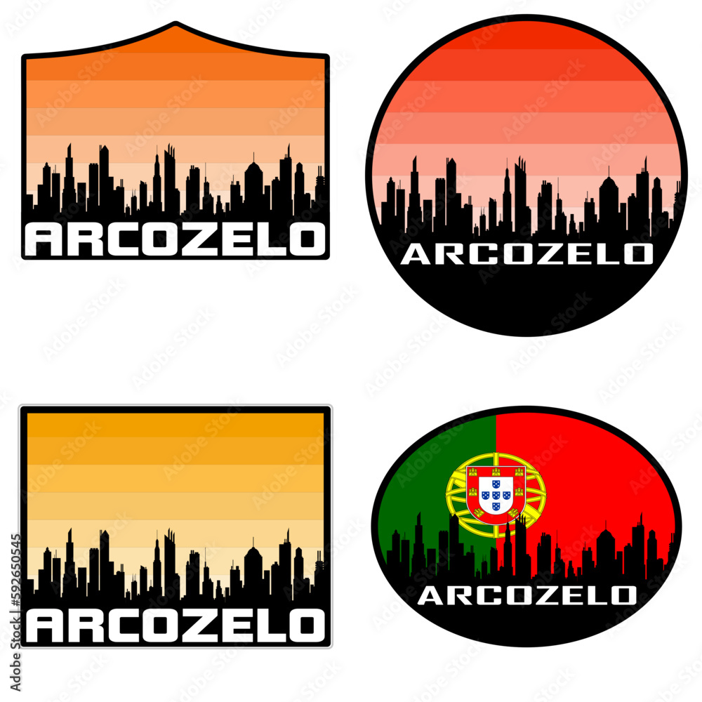 Obraz premium Arcozelo Skyline Silhouette Portugal Flag Travel Souvenir Sticker Sunset Background Vector Illustration SVG EPS AI