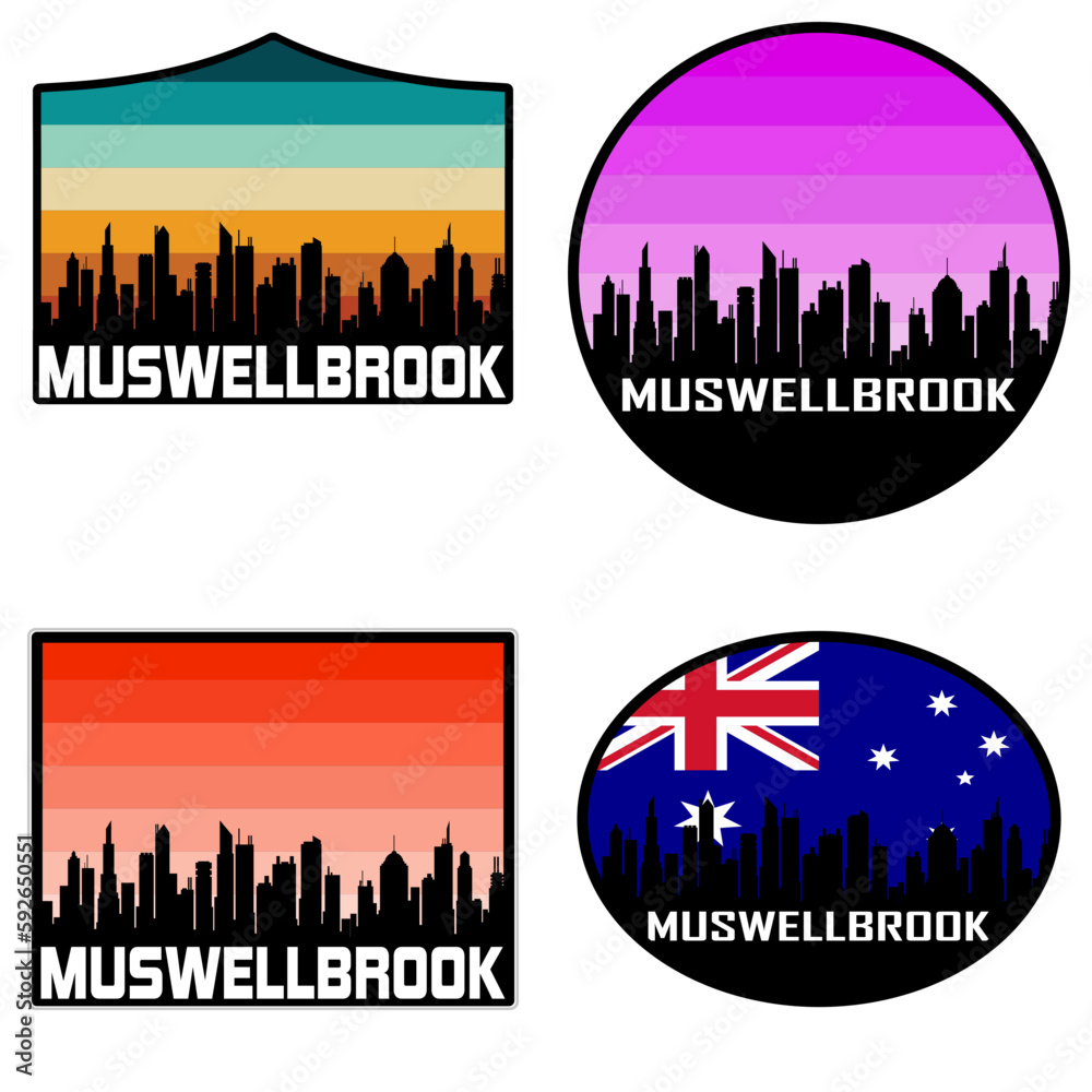 Muswellbrook Skyline Silhouette Australia Flag Travel Souvenir Sticker Sunset Background Vector Illustration SVG EPS AI