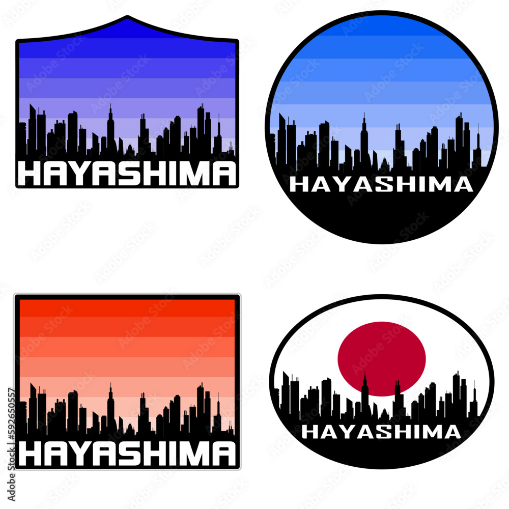 Hayashima Skyline Silhouette Japan Flag Travel Souvenir Sticker Sunset Background Vector Illustration SVG EPS AI