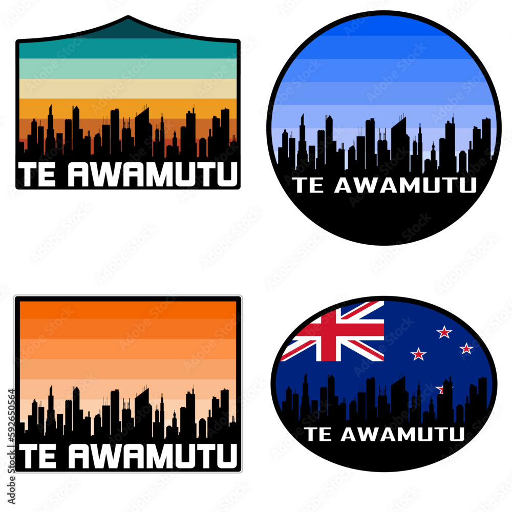 Te Awamutu Skyline Silhouette New Zealand Flag Travel Souvenir Sticker Sunset Background Vector Illustration SVG EPS AI