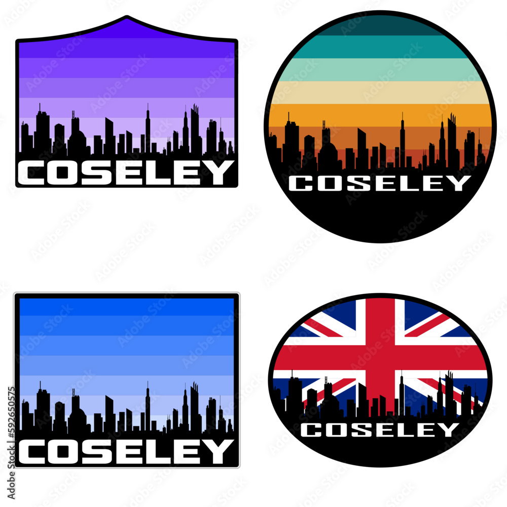 Coseley Skyline Silhouette Uk Flag Travel Souvenir Sticker Sunset Background Vector Illustration SVG EPS AI