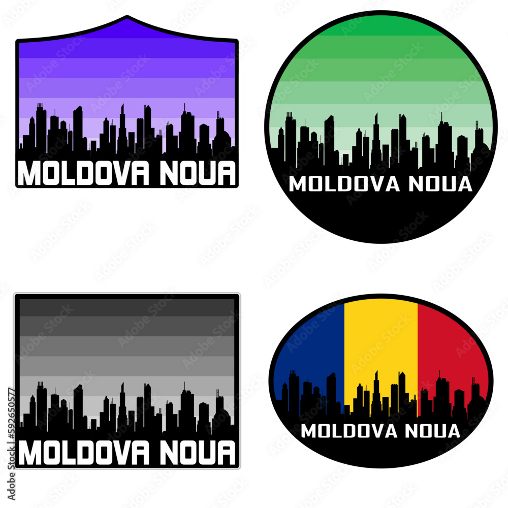 Moldova Noua Skyline Silhouette Romania Flag Travel Souvenir Sticker Sunset Background Vector Illustration SVG EPS AI