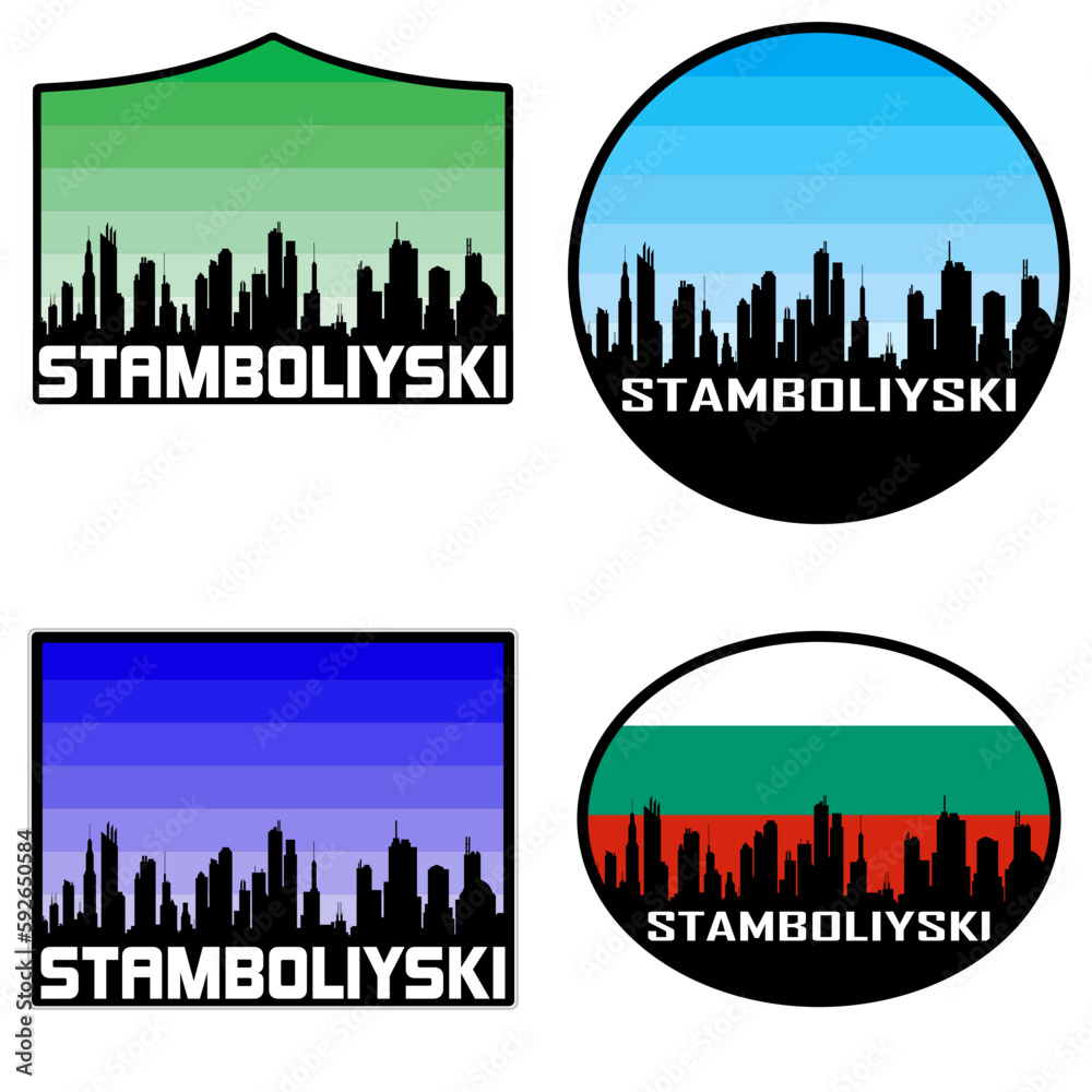 Stamboliyski Skyline Silhouette Bulgaria Flag Travel Souvenir Sticker Sunset Background Vector Illustration SVG EPS AI
