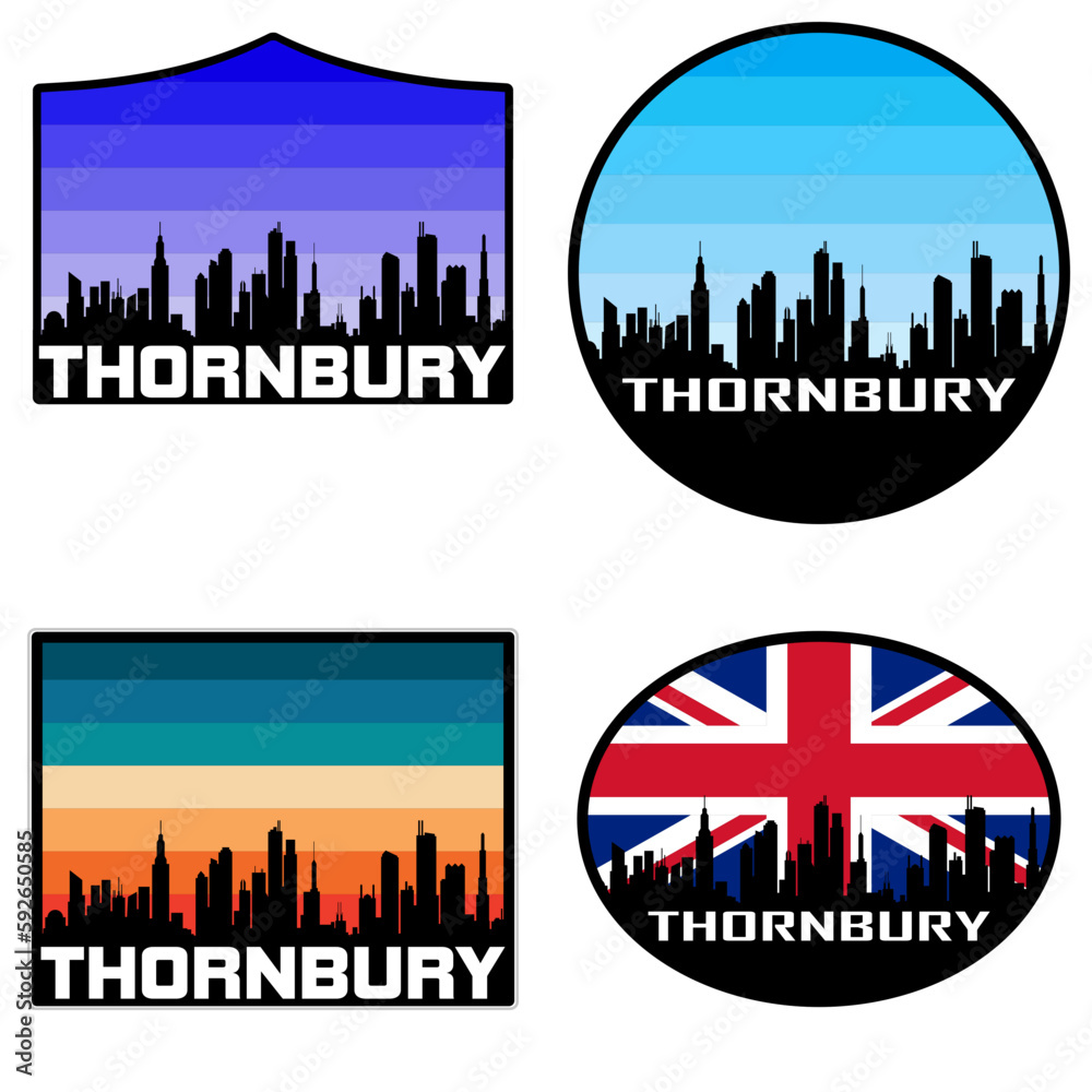 Thornbury Skyline Silhouette Uk Flag Travel Souvenir Sticker Sunset Background Vector Illustration SVG EPS AI