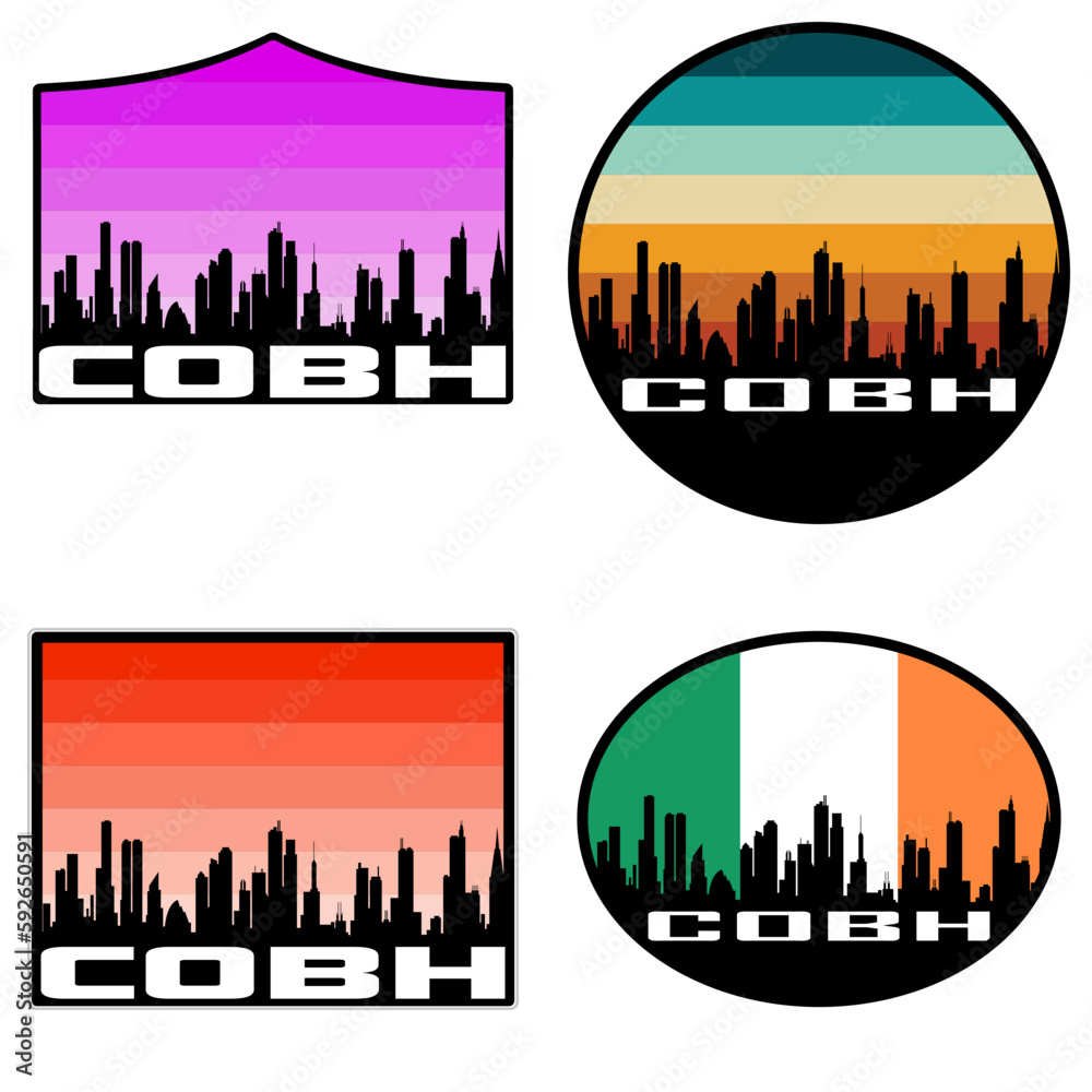 Cobh Skyline Silhouette Ireland Flag Travel Souvenir Sticker Sunset Background Vector Illustration SVG EPS AI