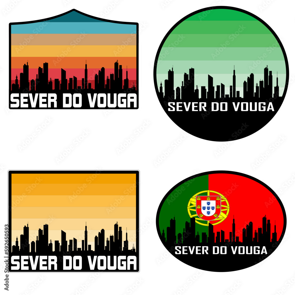 Sever do Vouga Skyline Silhouette Portugal Flag Travel Souvenir Sticker Sunset Background Vector Illustration SVG EPS AI