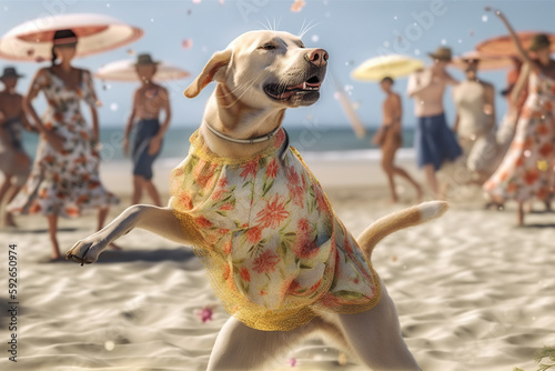 Dancing dog in a dress on the summer beach party, Hawaii hula animal in nature with sea, sun, AI Generative