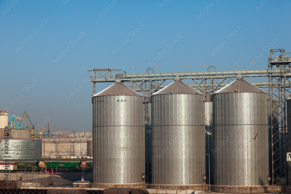 Constanta, Romania - 02.26.2021: Grain storage terminal in the seaport of Constanta Romania. Constanta, Romania - 02.26.2021: Grain storage terminal in the seaport of Constanta Romania.