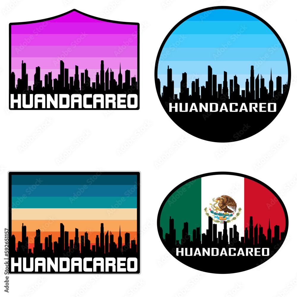 Huandacareo Skyline Silhouette Mexico Flag Travel Souvenir Sticker Sunset Background Vector Illustration SVG EPS AI