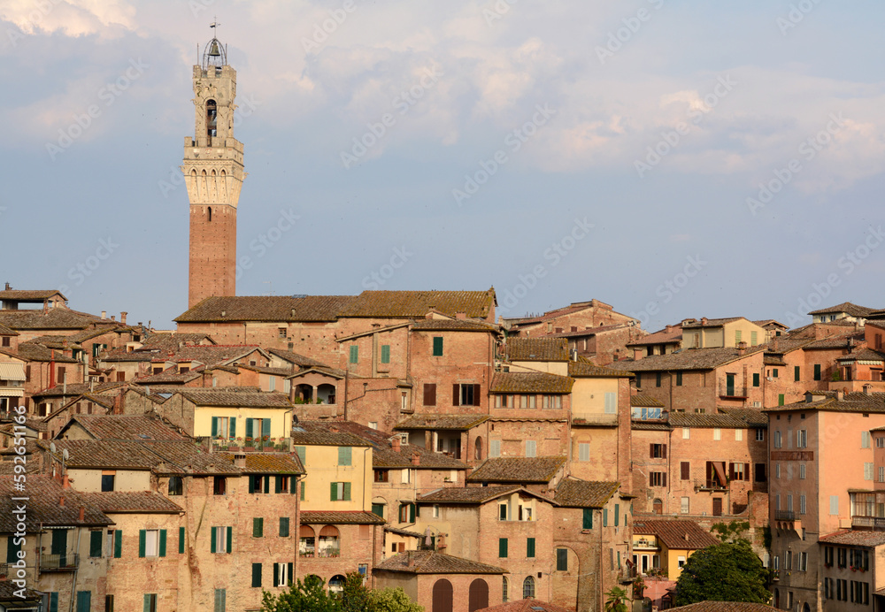 Panorama of Siena with the red houses, the cathedral in Italian Romanesque-Gothic style and the Torre del Mangia overlooking Piazza del Campo.