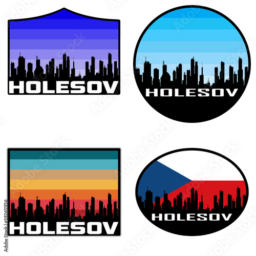 Holesov Skyline Silhouette Czech Flag Travel Souvenir Sticker Sunset Background Vector Illustration SVG EPS AI