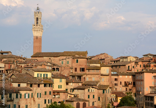 Panorama of Siena with the red houses  the cathedral in Italian Romanesque-Gothic style and the Torre del Mangia overlooking Piazza del Campo.
