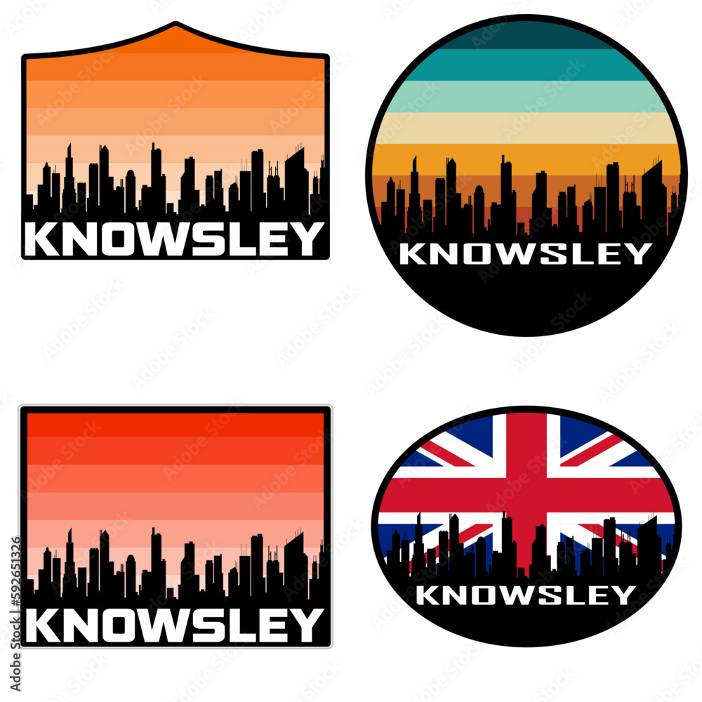 Knowsley Skyline Silhouette Uk Flag Travel Souvenir Sticker Sunset Background Vector Illustration SVG EPS AI