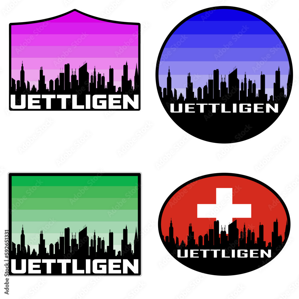Uettligen Skyline Silhouette Switzerland Flag Travel Souvenir Sticker Sunset Background Vector Illustration SVG EPS AI
