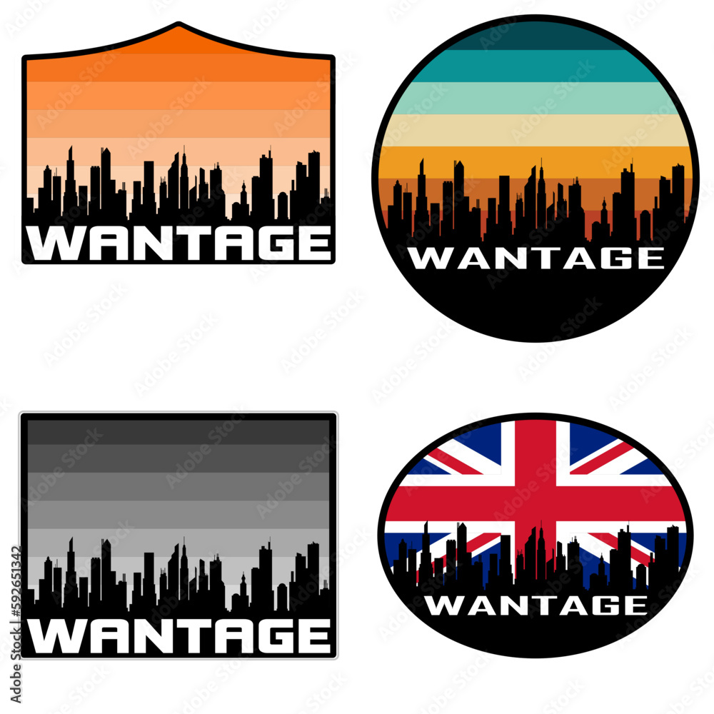 Wantage Skyline Silhouette Uk Flag Travel Souvenir Sticker Sunset Background Vector Illustration SVG EPS AI