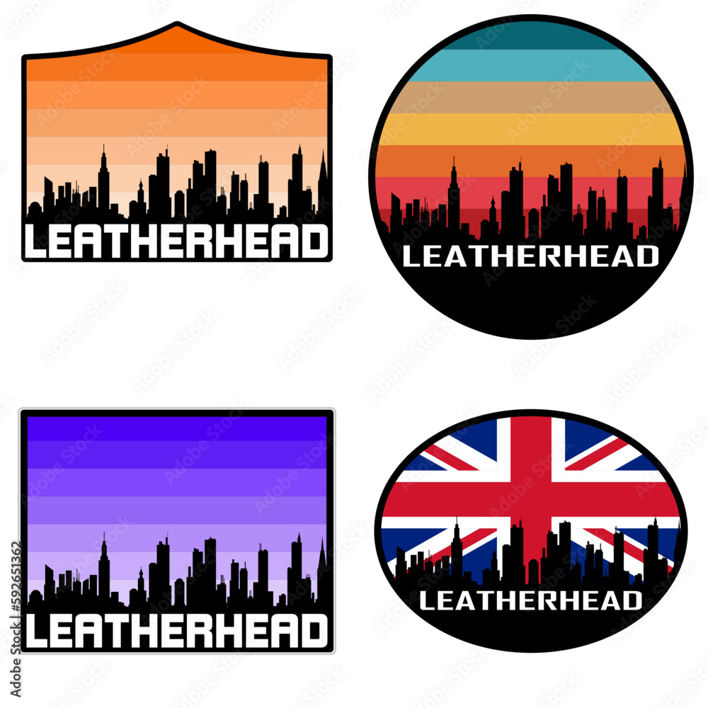 Leatherhead Skyline Silhouette Uk Flag Travel Souvenir Sticker Sunset Background Vector Illustration SVG EPS AI
