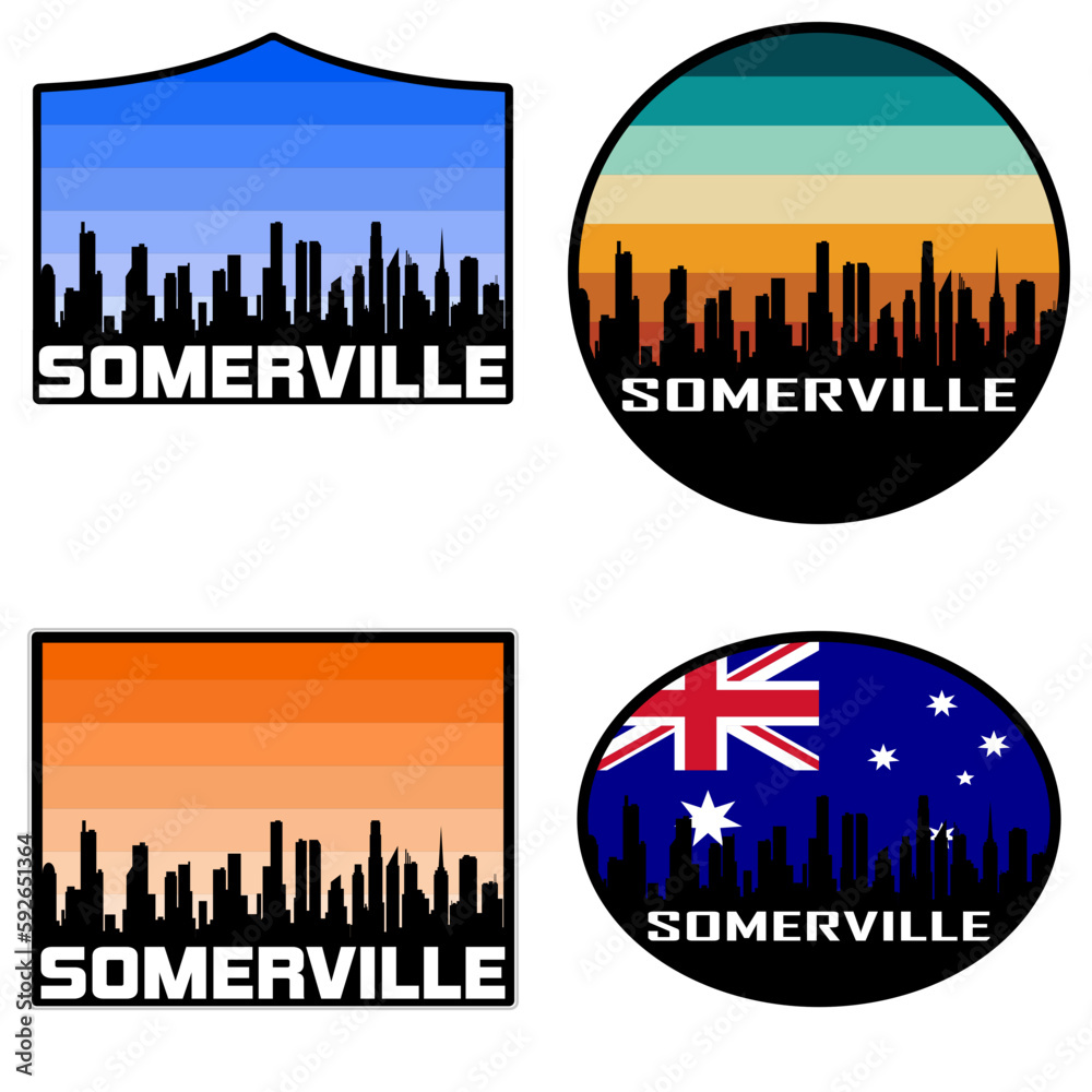 Somerville Skyline Silhouette Australia Flag Travel Souvenir Sticker Sunset Background Vector Illustration SVG EPS AI
