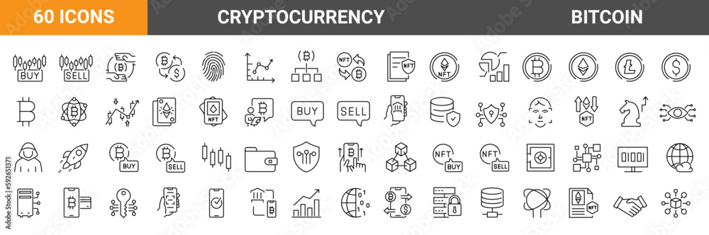 Set of 60 Cryptocurrency economy web icons collection. Blockchain package. Bitcoin, NFT, Vector illustration. Outline icon.  Editable stroke. - obrazy, fototapety, plakaty 