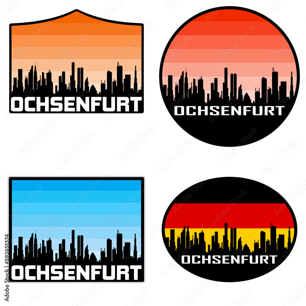 Ochsenfurt Skyline Silhouette Germany Flag Travel Souvenir Sticker Sunset Background Vector Illustration SVG EPS AI