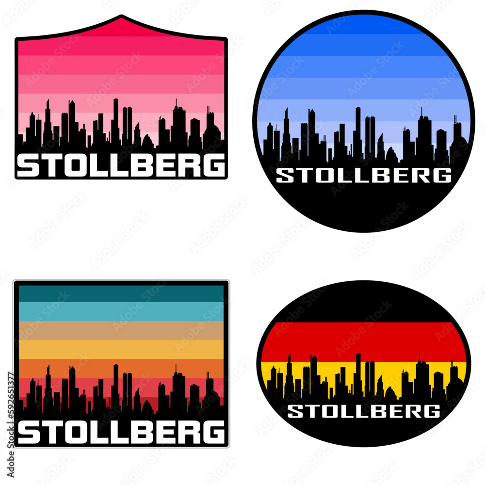 Stollberg Skyline Silhouette Germany Flag Travel Souvenir Sticker Sunset Background Vector Illustration SVG EPS AI