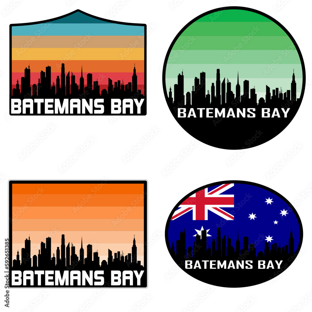 Batemans Bay Skyline Silhouette Australia Flag Travel Souvenir Sticker Sunset Background Vector Illustration SVG EPS AI