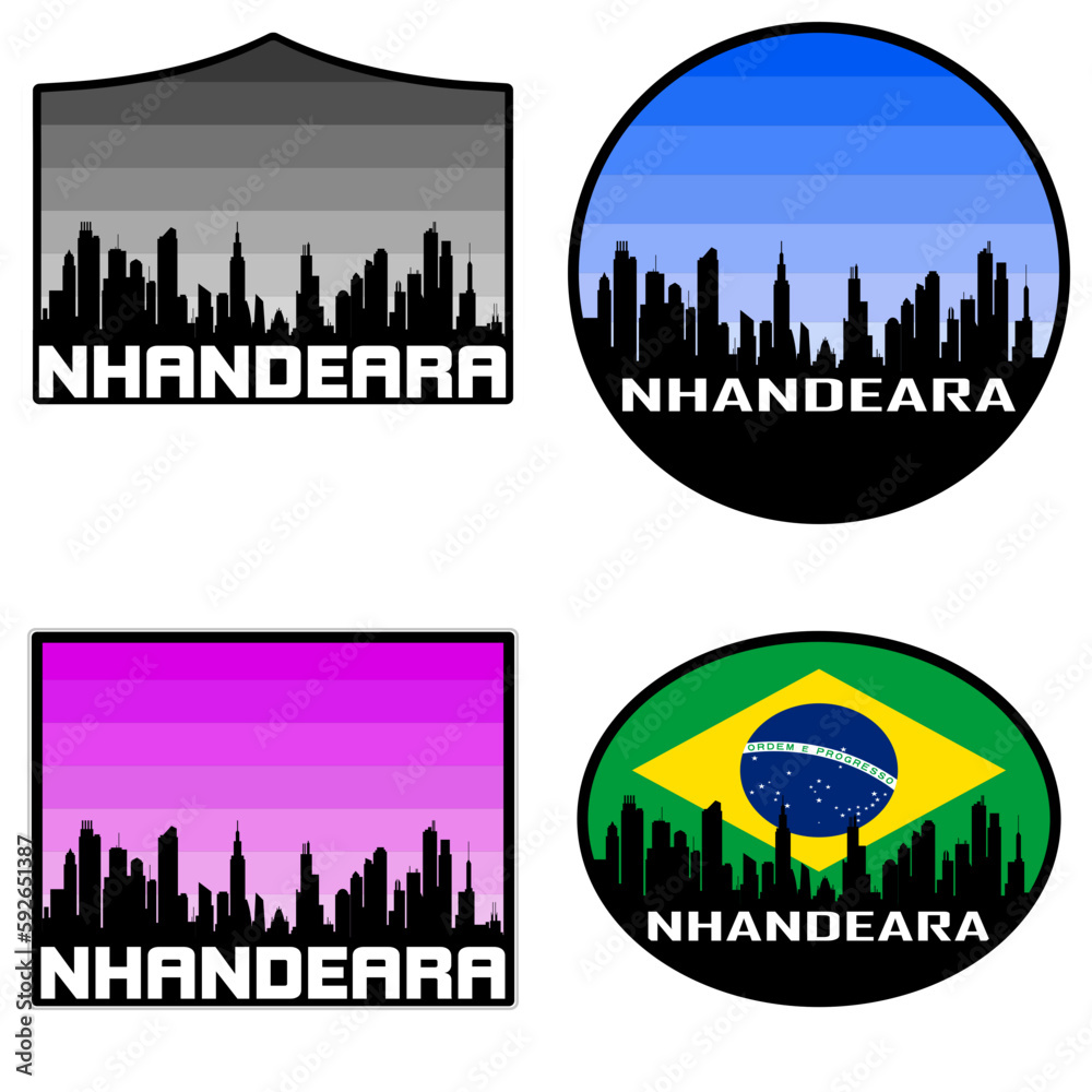 Nhandeara Skyline Silhouette Brazil Flag Travel Souvenir Sticker Sunset Background Vector Illustration SVG EPS AI