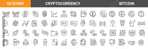 Set of 60 Cryptocurrency economy web icons collection. Blockchain package. Bitcoin, NFT, Vector illustration. Outline icon.  Editable stroke.