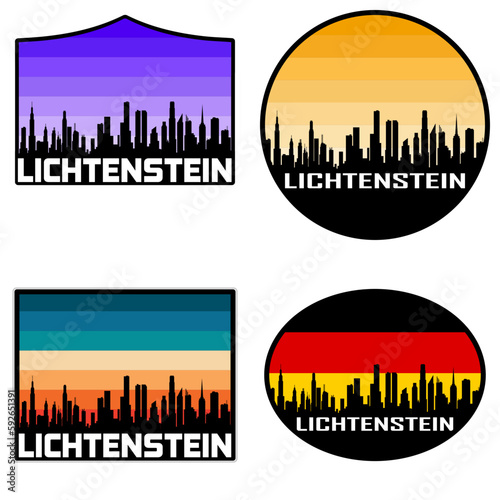 Lichtenstein Skyline Silhouette Germany Flag Travel Souvenir Sticker Sunset Background Vector Illustration SVG EPS AI