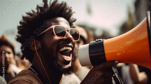 Black man people of color shouting into megaphone, demonstration, democracy, human rights, festival, generative AI