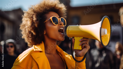 Black woman people of color shouting into megaphone, demonstration, democracy, human rights, festival, generative AI