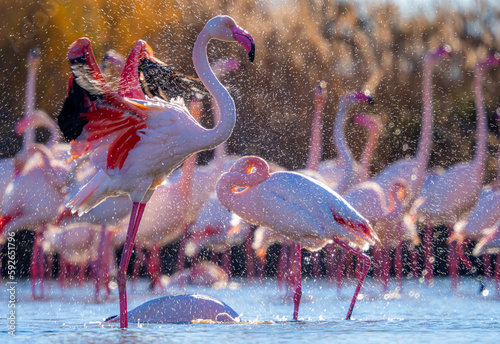 Flock of flamingos in water