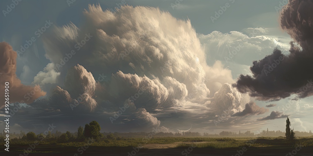 Storm clouds gather over a road that leads into the distance, creating a very dramatic landscape. Generative Ai.
