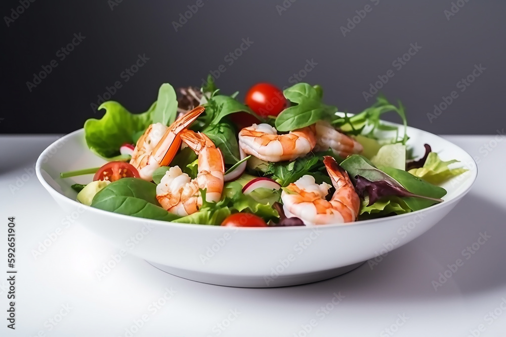 Shrimp Salad with mixed greens and tomatoes on white background. Weight Loss Food, generative AI tools Shrimp Salad with mixed greens and tomatoes on white background. Weight Loss Food, generative AI tools