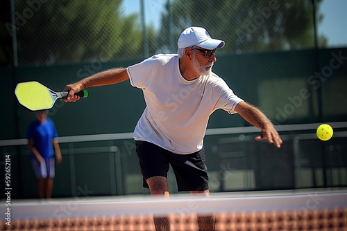 Photo of an elderly man holding a pickleball racket on a pickleball court. Generative ai photo