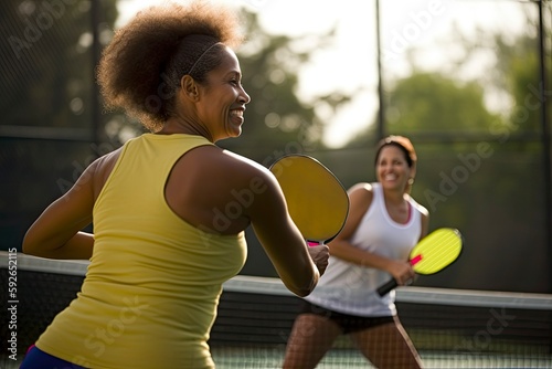 Photo of an afro girl holding a pickleball racquet on a pickleball court. Generative ai photo