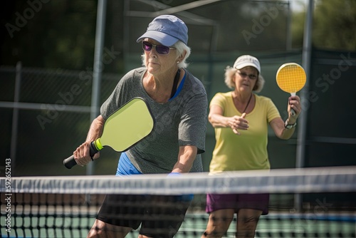 Photo of an old lady holding a pickleball racquet on a pickleball court. Generative ai