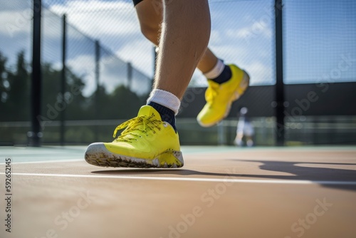 Detail of men's sports shoes playing on tennis court. Generative ai © JIRMoronta