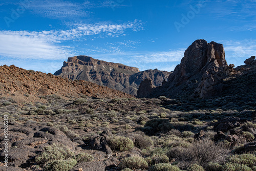 Huge amazing panorama landscape of hills and mountains in the desert of el teide volcano in tenerife, canarias, spain