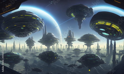A high tech solarpunk utopia city / metropolis at an alien planet in the future with futuristic buildings and domes, digital concept art, generative ai generative ki, science fiction