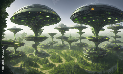 A high tech solarpunk utopia city / metropolis in europe in the future with forest, trees, futuristic buildings and domes, digital concept art, generative ai generative ki, science fiction