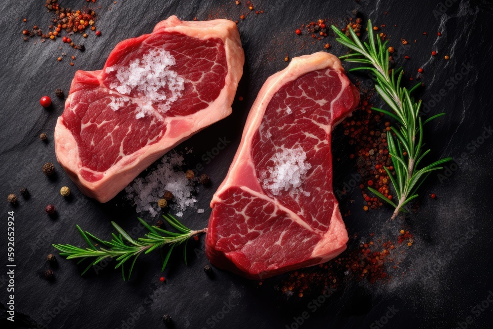Raw steak on a slate. Two raw steaks on a dark shale background, pepper and herbs - Generative AI