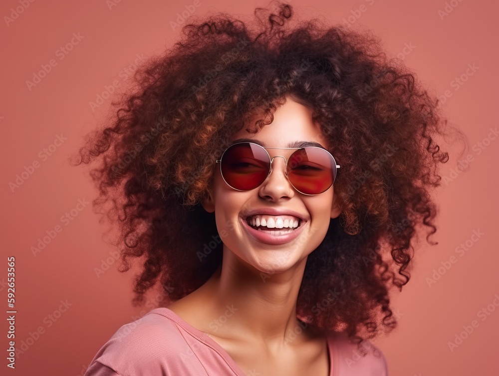 Junge afroamerikanische Frau mit Stil posiert fröhlich in pinkem Outfit auf pinkem Hintergrund, generative AI. Junge afroamerikanische Frau mit Stil posiert fröhlich in pinkem Outfit auf pinkem Hintergrund, generative AI.