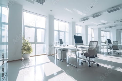 Modern business office interior  light sunny room  large windows  no people. Generative AI