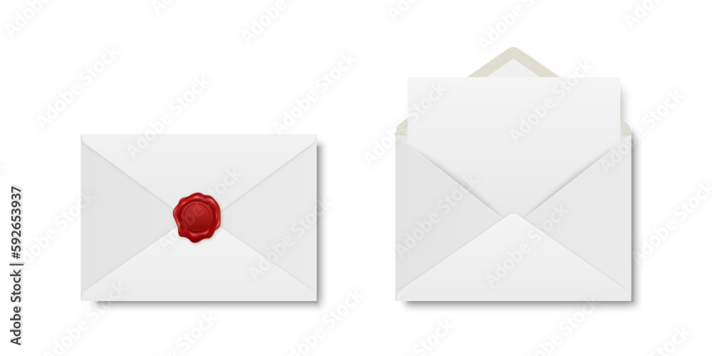 Vector Realistic White Closed Envelope with Red Wax Seal and Opened Envelope with Letter Inside. Folded and Unfolded White Envelope Icon Set Isolated. Message, Alert, Surprise, Secret Concept Vector Realistic White Closed Envelope with Red Wax Seal and Opened Envelope with Letter Inside. Folded and Unfolded White Envelope Icon Set Isolated. Message, Alert, Surprise, Secret Concept